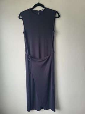 Sleeveless Midi Charcoal Black Classic Chic Femimine Dress with Side Drape